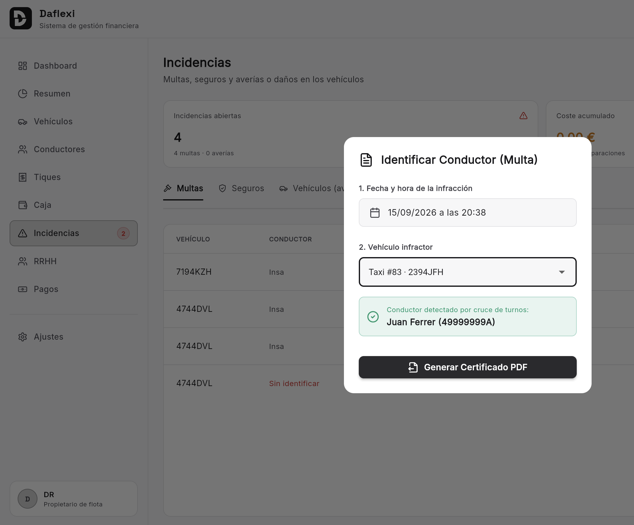 Panel de Control del ERP Daflexi para gestión de flotas de Taxi y VTC
